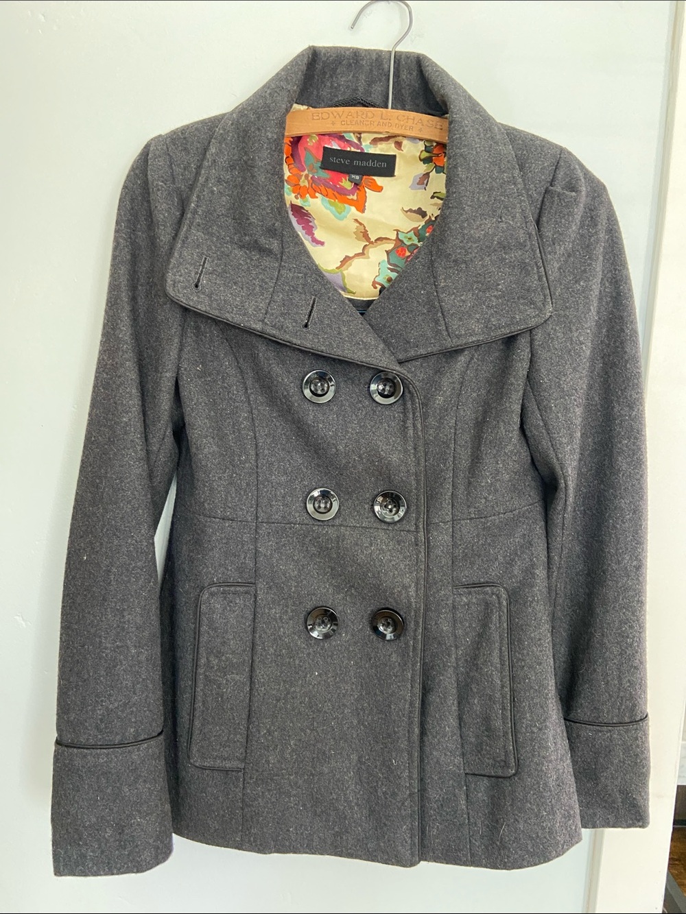 Steve Madden Gray Double-Breasted Pea Coat with Floral Lining (size XS)